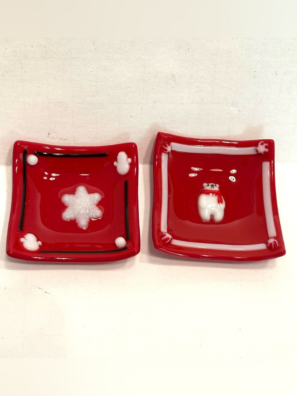 Artisan Red Fused Glass Holiday Accent Dishes with 3D White Motifs - Pair